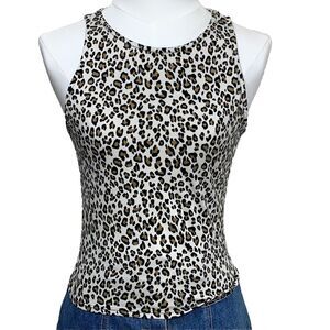 Gaze Tank Top Women XS Leopard Animal Print High Neck Sleeveless Slim Fit Cream‎